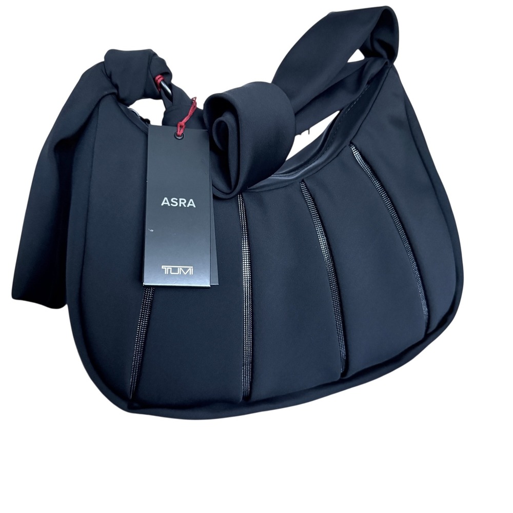 TUMI Asra Small Hobo Bag Black Nylon Pleated Knotted Shoulder Strap Handbag NEW